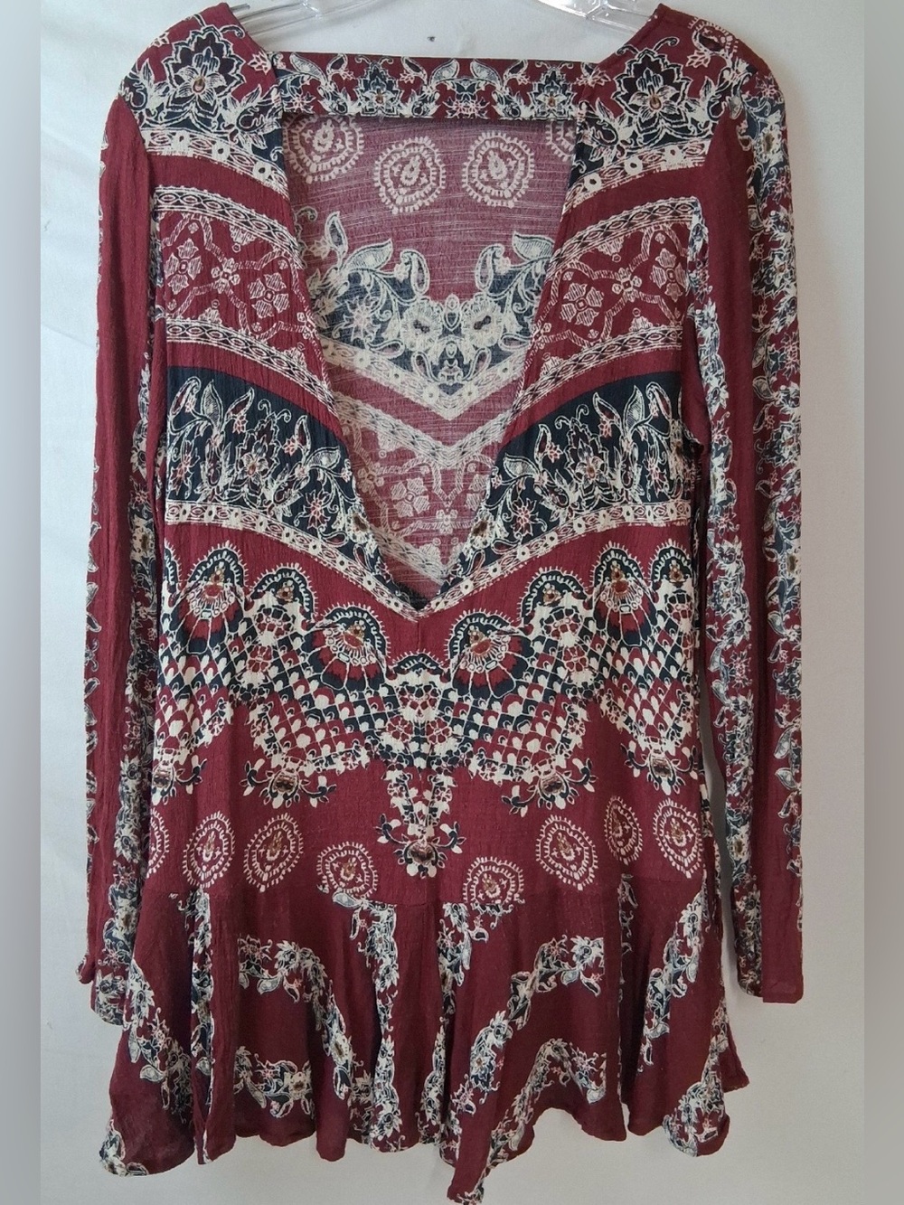 Free People Multi-Pattern Long Sleeve V-Neck Tunic Sz S (could wear V in back)